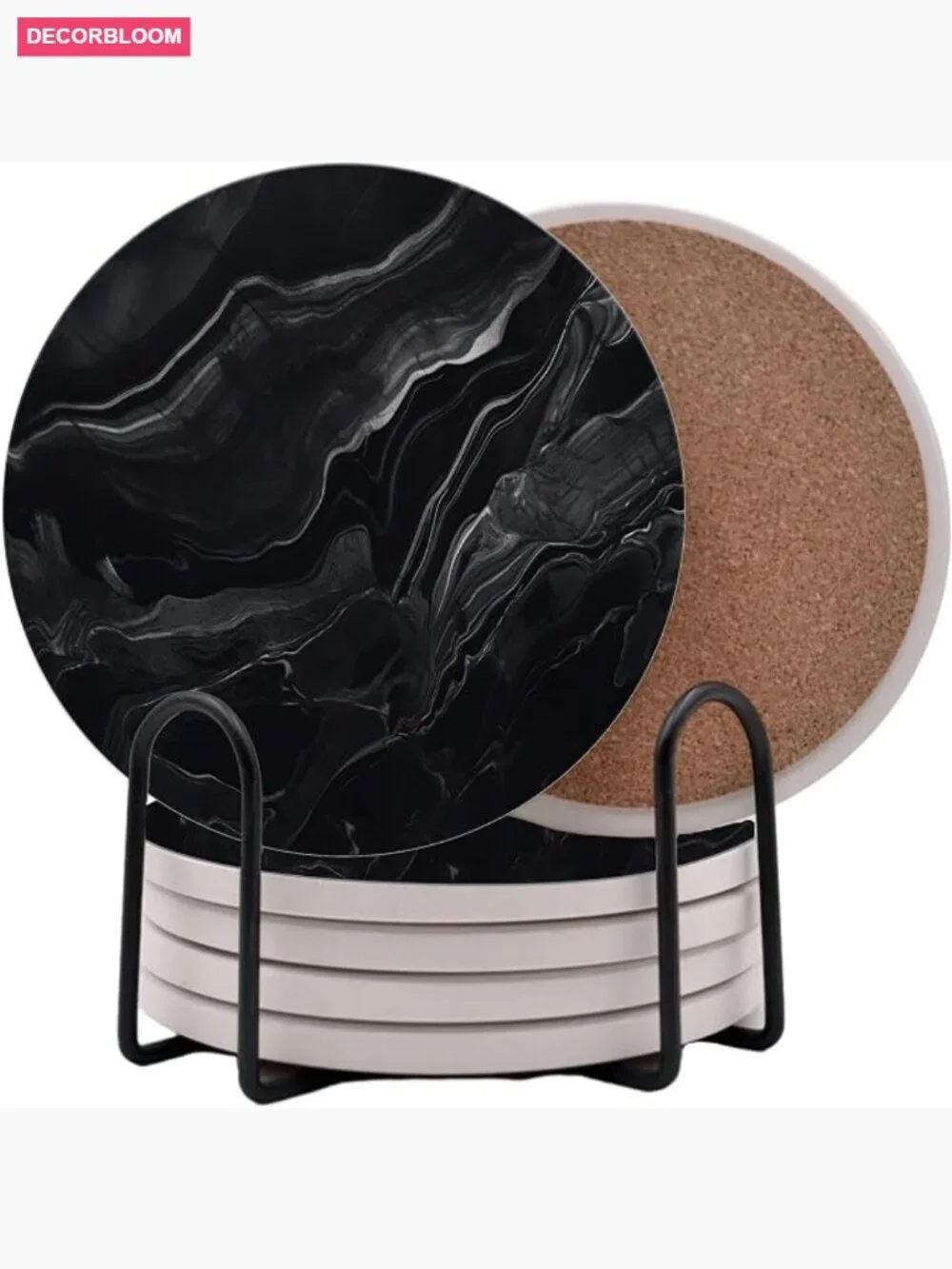 Set of 6 Ceramic Round Coasters with Metal Stand, Absorbent, Cork Back, 4 Inch